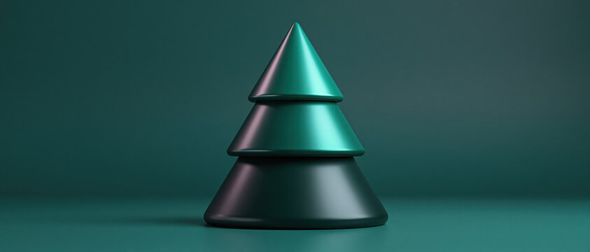 A minimalist, stylized Christmas tree rendered in sleek, metallic green, stands as a modern symbol of festive cheer against a deep teal backdrop, bathed in soft, ambient light.