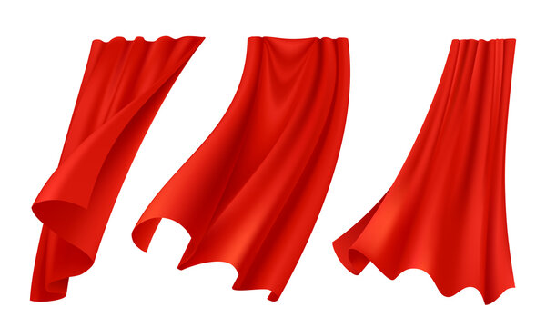 Set of three red capes or flowing fabric curtains isolated on white background transparent background