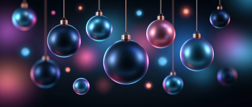 Hanging Christmas ornaments in deep blue and pink hues shimmer and glow against a bokeh background, creating a festive and elegant holiday atmosphere.