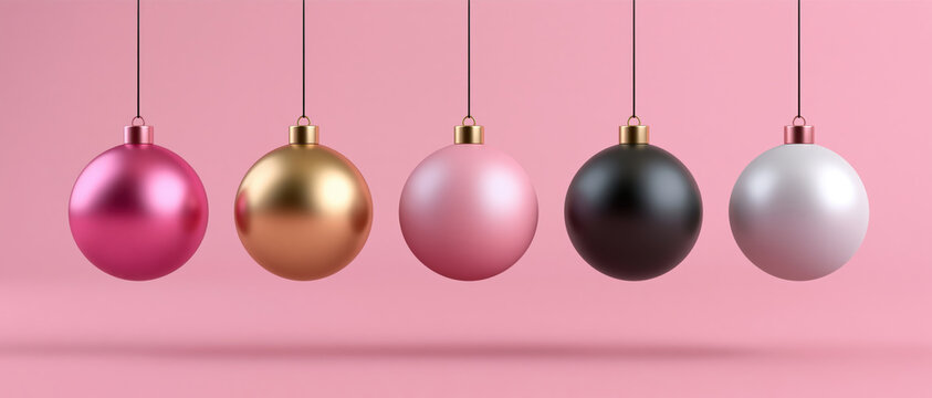 Five festive Christmas ornaments in vibrant colors &ndash; hot pink, gold, pastel pink, matte black, and pearl white &ndash; hang elegantly against a soft pink background, creating a charming holiday display.