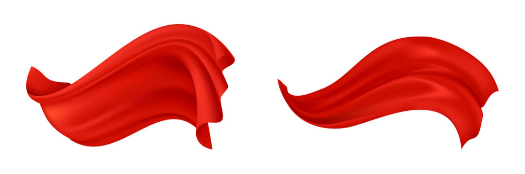 Two floating pieces of bright red silk fabric with smooth folds and elegant waves isolated on white background transparent background