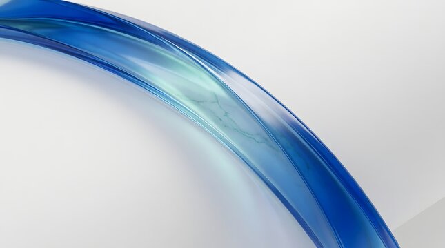 Abstract blue curved glass ribbon flowing gracefully across a pristine white background with soft diffused lighting creating a clean modern minimalist aesthetic ideal for corporate design