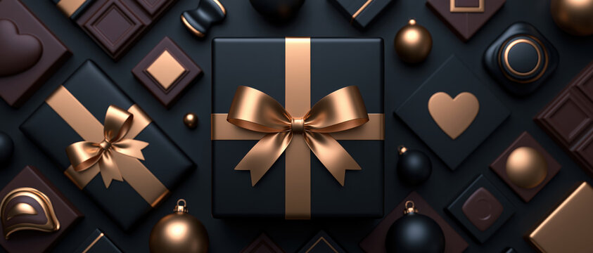 A luxurious gift box adorned with a golden ribbon sits centrally, surrounded by an array of exquisite chocolates and decorative elements in a sophisticated composition.