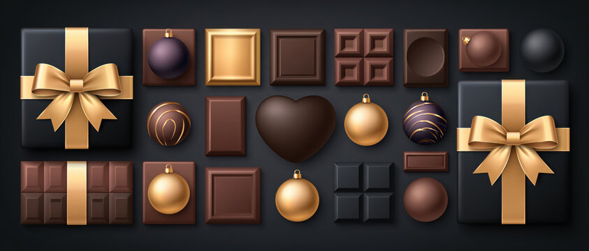A luxurious assortment of dark and milk chocolates, elegantly arranged with golden ribbons and festive ornaments, suggests a gourmet indulgence or a special holiday gift.