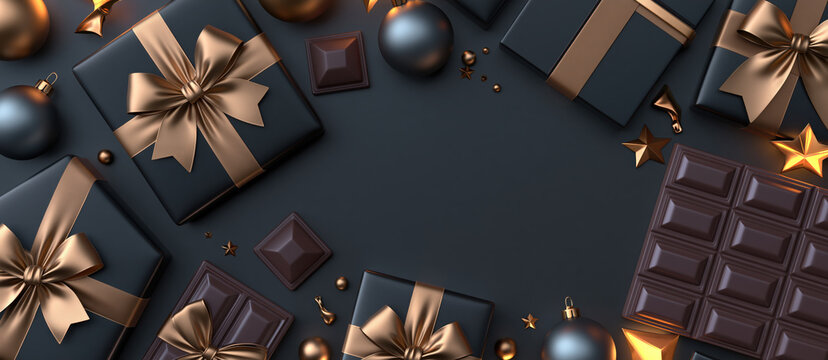 Luxurious dark gift boxes with gold ribbons and chocolates create an elegant composition, evoking a sense of premium gifting and indulgence.