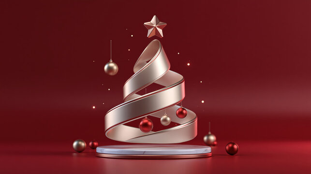 A festive and modern Christmas tree design made of swirling metallic ribbon, adorned with elegant baubles and a star topper, sits atop a minimalist podium against a rich red background.