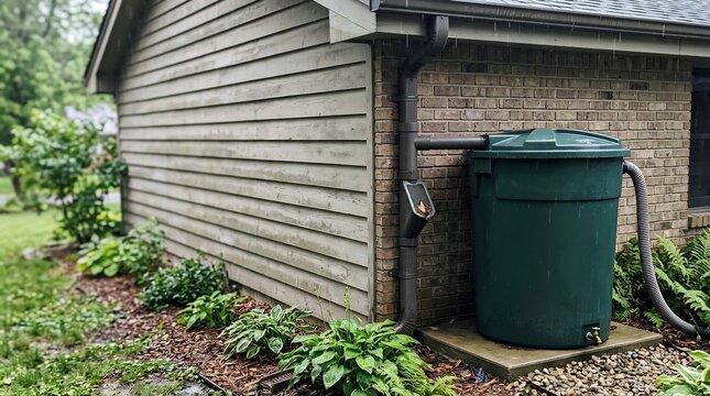 Green rainwater collection barrel connected to house gutter and