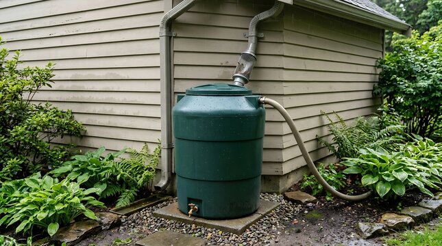 Green rainwater collection barrel connected to a gutter downspout for