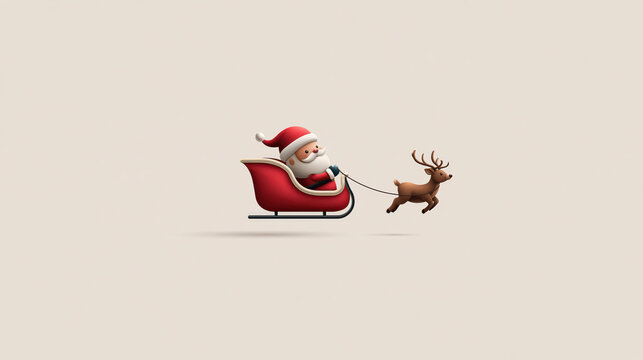 Santa Claus in his sleigh, pulled by a reindeer, travels through the sky against a soft, neutral background, evoking a festive and magical Christmas spirit.