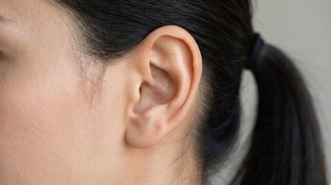 Close-up side view of a human ear on a person with dark hair