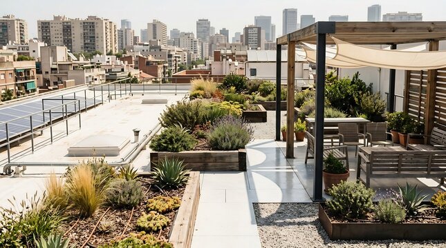 Sustainable urban rooftop garden terrace with drought-tolerant