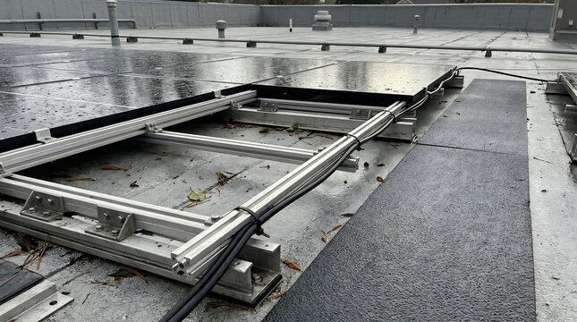 Solar panel installation on a commercial rooftop with aluminum