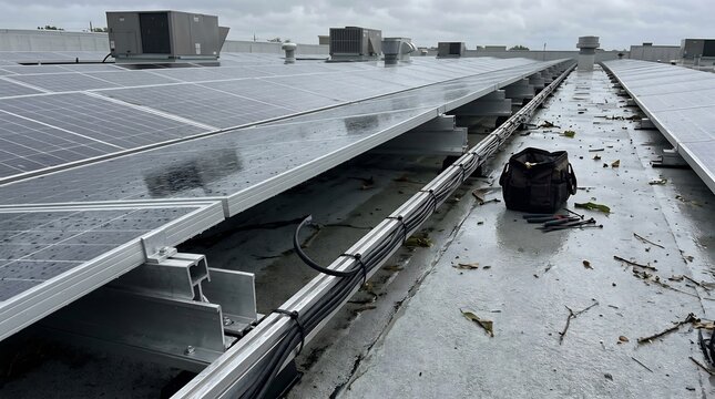 Solar panel installation on a commercial rooftop with electrical
