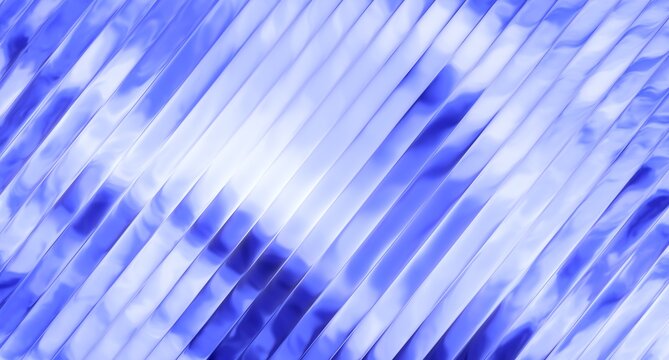 Diagonal shiny blue metallic ribbed stripes creating futuristic abstract background texture with bright center reflection and vertical parallel lines pattern design element