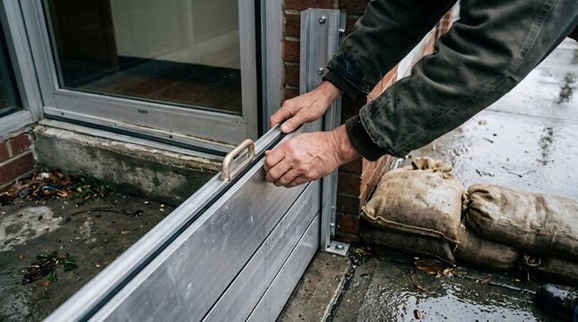 Man installing a metal flood barrier at a building entrance for water