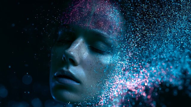 Close up portrait of a woman face dissolving into glowing blue and
