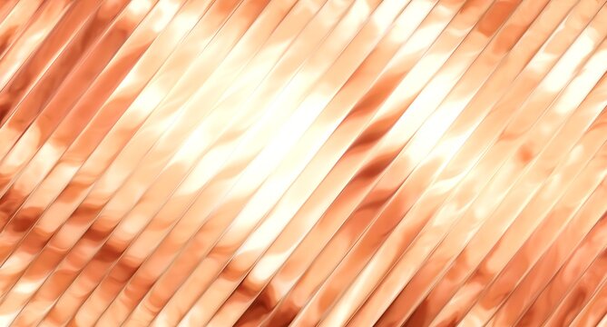 Gleaming metallic copper stripes featuring diagonal ridges creating dynamic reflective lighting patterns across smooth shiny surfaces within minimalist interior design settings