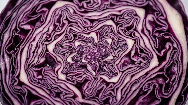 Macro shot of a sliced red cabbage showing intricate purple and white