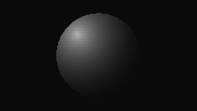 A circular shape composed of small white square pixels on a solid black background, creating a digital, sphere with a, subtle gradient effect