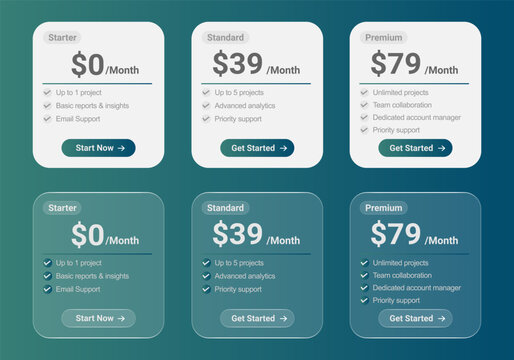 Starter Standard and Premium Subscription Pricing Plans with Monthly Rates and Feature Comparison glassmorphism Template