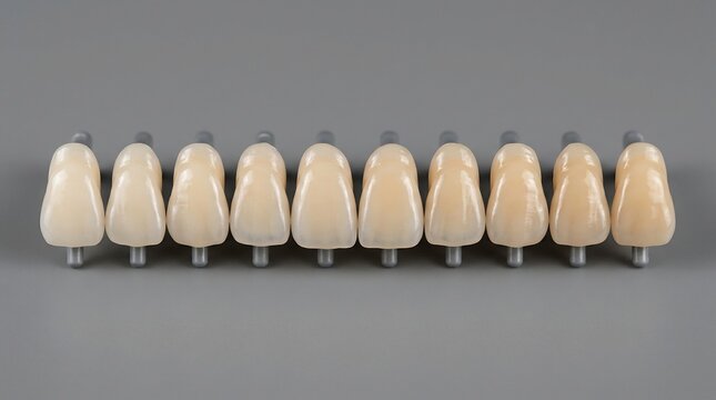 Dental shade guide with various tooth crown color samples in a row