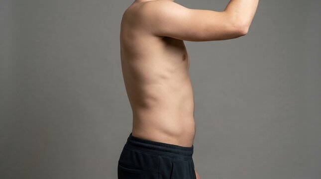 Side profile of a fit male torso and muscular abdomen against a