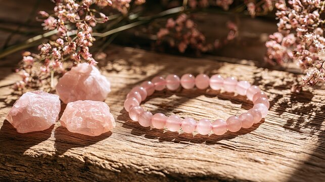 Pale pink rose quartz stones and bracelet arranged on rustic wood, representing serenity, wellness, and calming aesthetic concepts