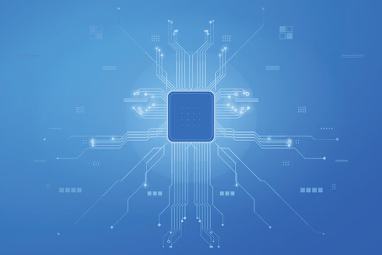 Minimalist blue digital circuit interface displays clean lines and glowing microprocessor chip.