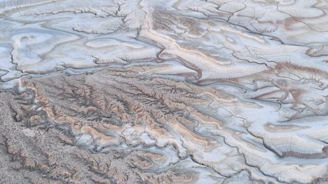 Top-Down Aerial Across Pale Erosion Channels at Kyzylkup