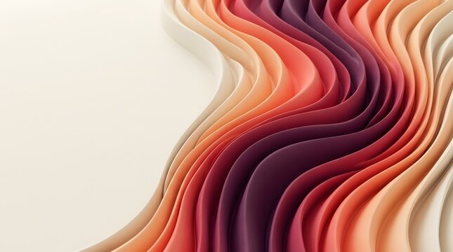 Abstract wavy layered paper art in warm sunset tones of deep burgundy, coral, peach, and cream, featuring smooth flowing curves and soft diffused lighting, creating a serene modern minimalist