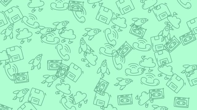 Animated Space and Retro Technology Doodle Pattern with Mint Green Outline Icons