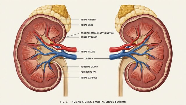 Detailed anatomical diagram showing cross-sections of human kidneys with labeled parts isolated on white background. Perfect for educational medical and healthcare reference.