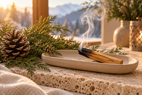 Burning palo santo wood on a ceramic tray, wisps of smoke rising in winter sunlight, pine branch and pinecone background. Wellness, meditation, aromatherapy, spa.