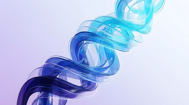 Abstract 3D rendering of a translucent blue and cyan spiral ribbon twisting dynamically against a soft lavender gradient background, featuring smooth glassy textures, elegant curves