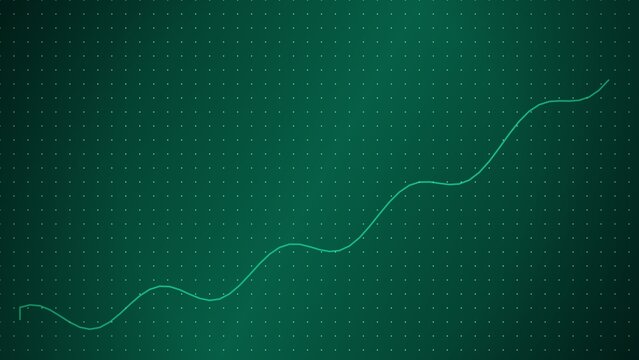 A single thin wavy line rising diagonally across a dark green background, filled with a, subtle grid of, small dots representing, growth and data