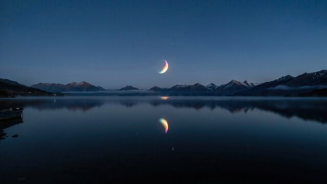 A crescent moon reflects in a calm mountain lake at twilight. Ideal for serene nature travel themes or meditation backgrounds.