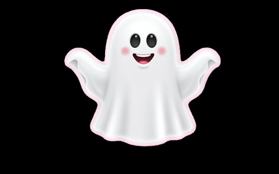 A cheerful 3d cartoon ghost with rosy cheeks and wide eyes waving its arms