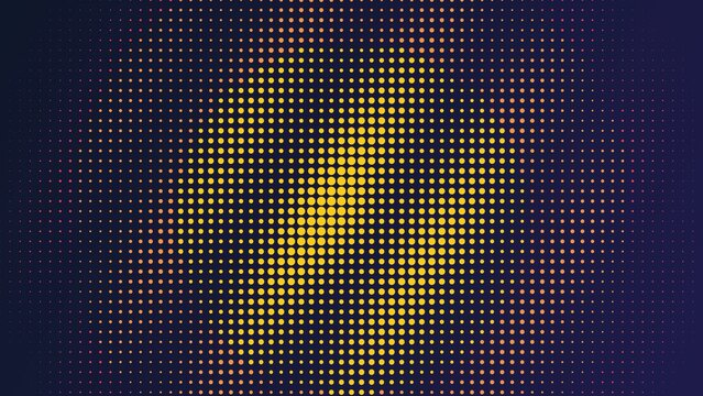 Abstract background, featuring a central, burst of yellow, and orange halftone, dots fading into, a dark purple, gradient surface texture