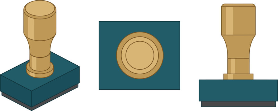 Multi-View Set of Realistic Clean minimalist single vector illustration of a traditional office rubber stamp with a short cylindrical handle and simple rectangular stamping base.
