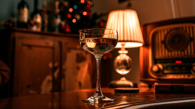 Vintage champagne glass beside a retro radio and glowing lamp in a warm festive interior creating an elegant nostalgic throwback mood