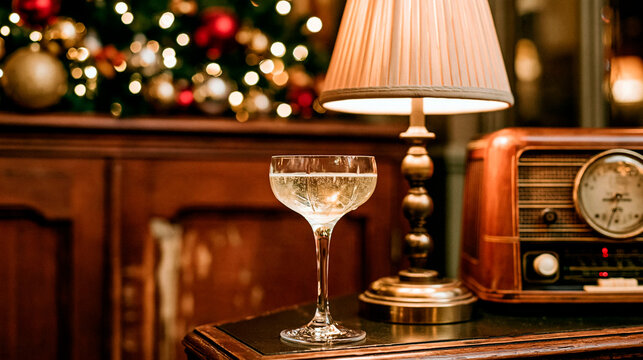 Vintage champagne glass beside a retro radio and glowing table lamp with christmas tree lights creating a warm nostalgic holiday throwback mood