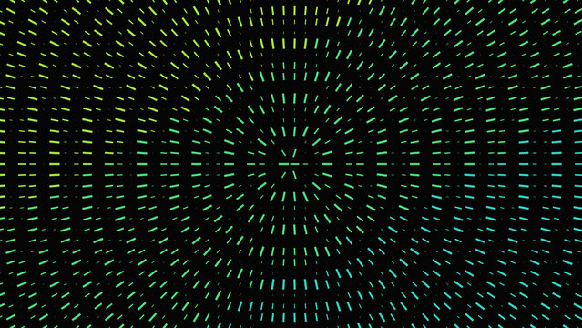 Abstract background, featuring a circular, pattern of radiating, short dashed lines, in gradient green, and yellow colors, on a deep, black backdrop