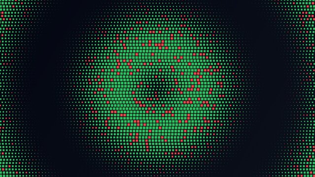 Abstract background, featuring a circular, pattern of green, and red square, pixels on a, dark charcoal surface, with a radial, gradient effect