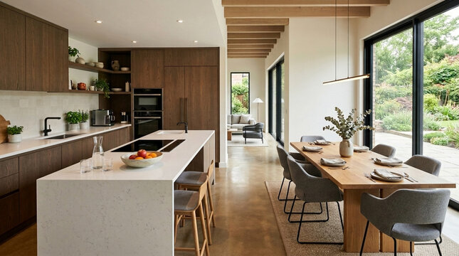 Modern open plan kitchen and dining room with island sleek cabinetry and large windows overlooking garden