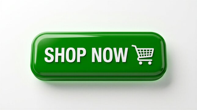 Green 3D Shop Now Button with Shopping Cart Icon for E-commerce Web UI Design