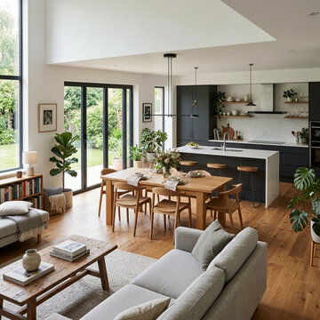 Modern open plan living and kitchen area with large windows natural light and lush green garden view