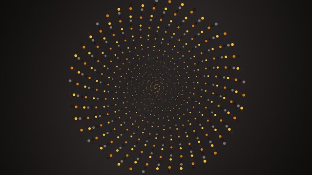Abstract background, featuring a circular, spiral pattern of, small golden and, gray dots radiating, from the center, against a solid, dark gray surface