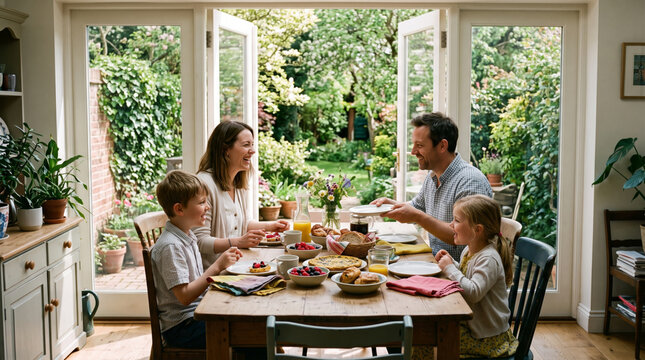 Family enjoying a cheerful breakfast together at a wooden table with a lush garden visible through open doors