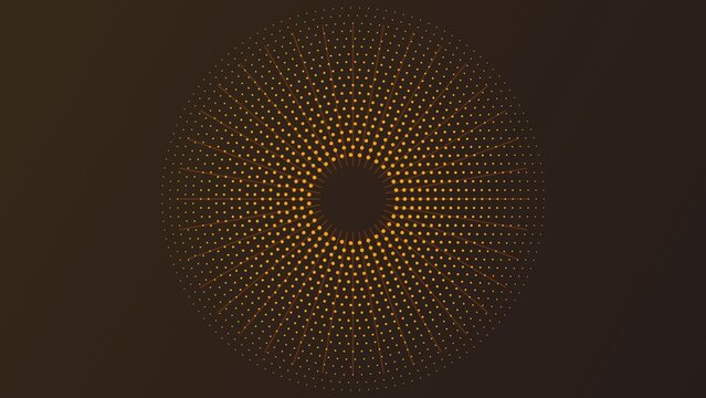Abstract background, featuring a circular, sunburst pattern of, orange halftone dots, radiating from a, dark center on, a dark brown, textured surface