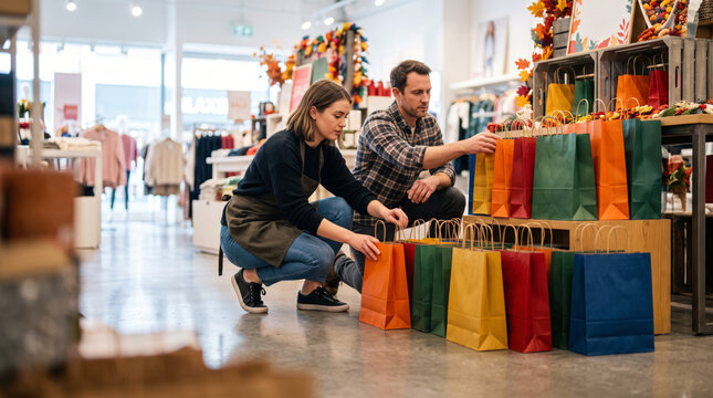 Retail worker and customer arrange colorful shopping bags in a store display during autumn season